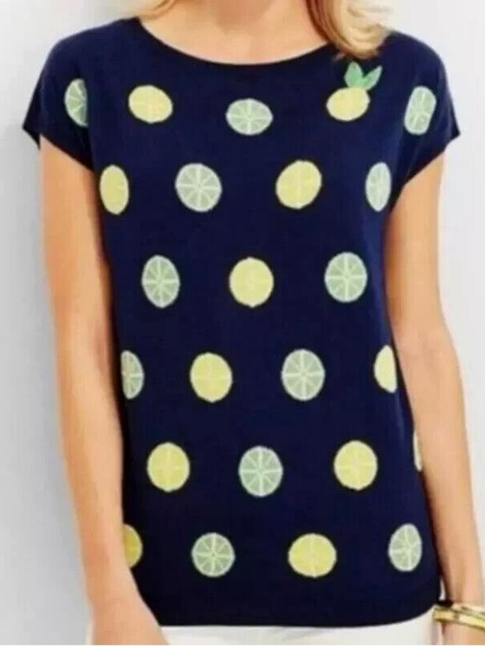 Talbots Lemon Lime Print Beaded Navy-Blue Short Sleeve Knit Top Size XLP Women’s